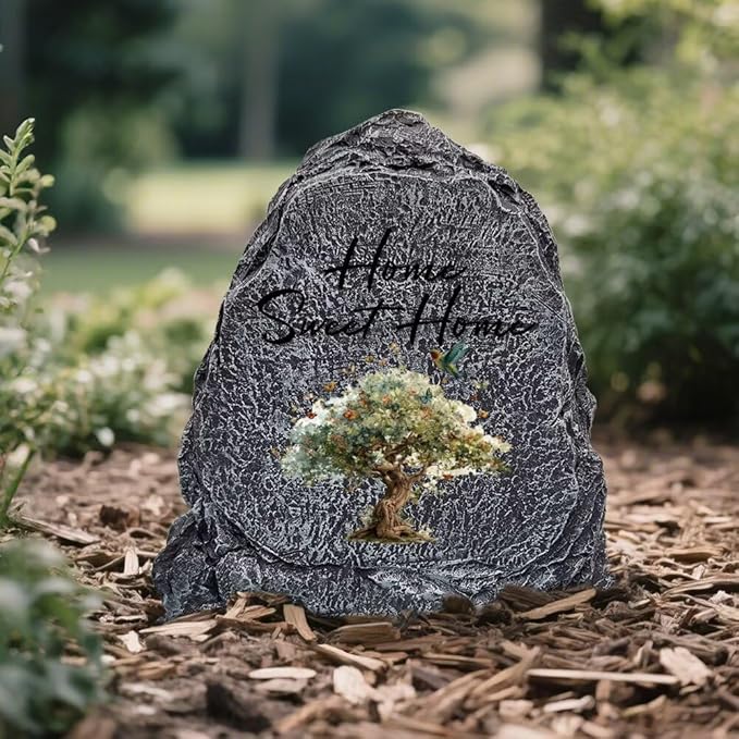 Garden Stone Sculpture with Tree of Life Butterfly, Solar Resin Outdoor Sculpture, Suitable As Tomb Decoration for Garden, Lawn, Cemetery, Memorial Gift, Home Decoration