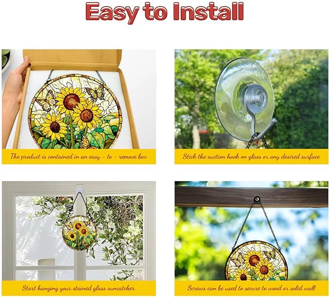 GENANY Sunflowers Glass Window Hanging, Spring Sun Catcher with Metal Chain and Hook, Romantic Gifts for Women Friends Family, Garden Decor, Housewarming Gifts, Outdoor Decor