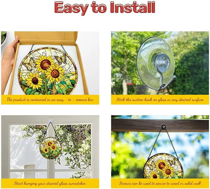 GENANY Sunflowers Glass Window Hanging, Spring Sun Catcher with Metal Chain and Hook, Romantic Gifts for Women Friends Family, Garden Decor, Housewarming Gifts, Outdoor Decor