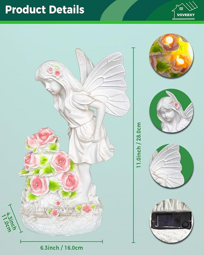 Voveexy Garden Figurines Angel Garden Statue Outdoor Decor, Solar Powered Resin Sculpture with 5 LEDs Art Decoration for Patio Lawn Yard Porch, Ornament Housewarming Gift, 11“ H