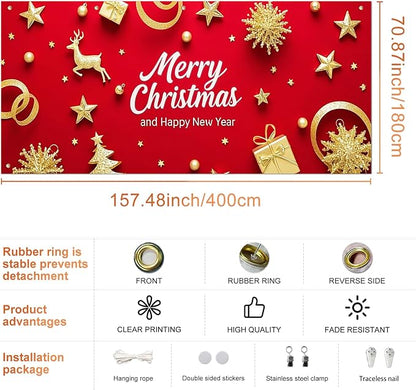 IVN Merry Christmas Happy New Year Garage Door Banner 13x6 ft Christmas Garage Door Wnter Scene Background Indoor Outdoor Red Gold Reindeer Tree Holiday Decorations for Home and Events Wall Backdrop Decor
