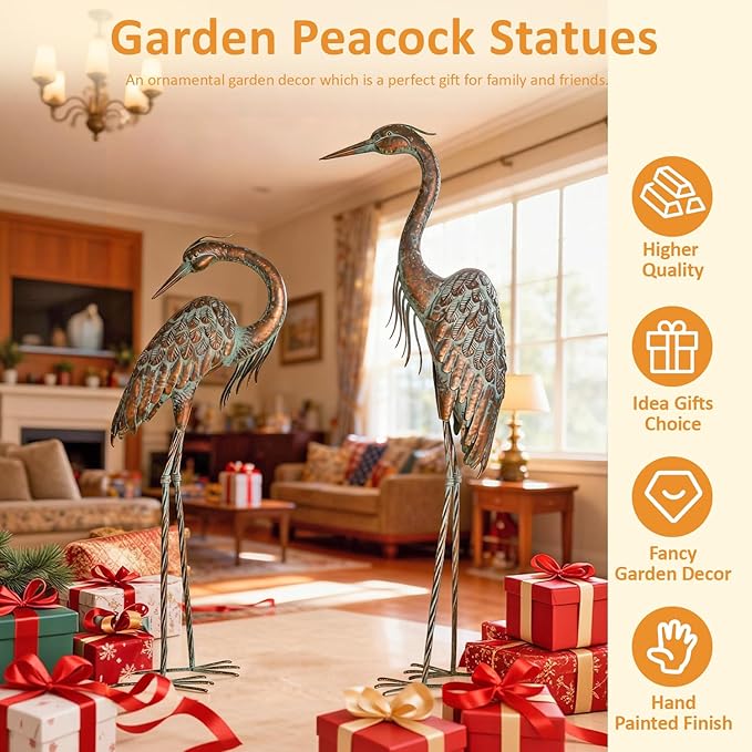 Kircust Garden Crane Statues, Standing Metal Patina Heron Decoy Outdoor Statue, 42-46 Inch Bird Yard Art for Patio Lawn Pond, Set of 2