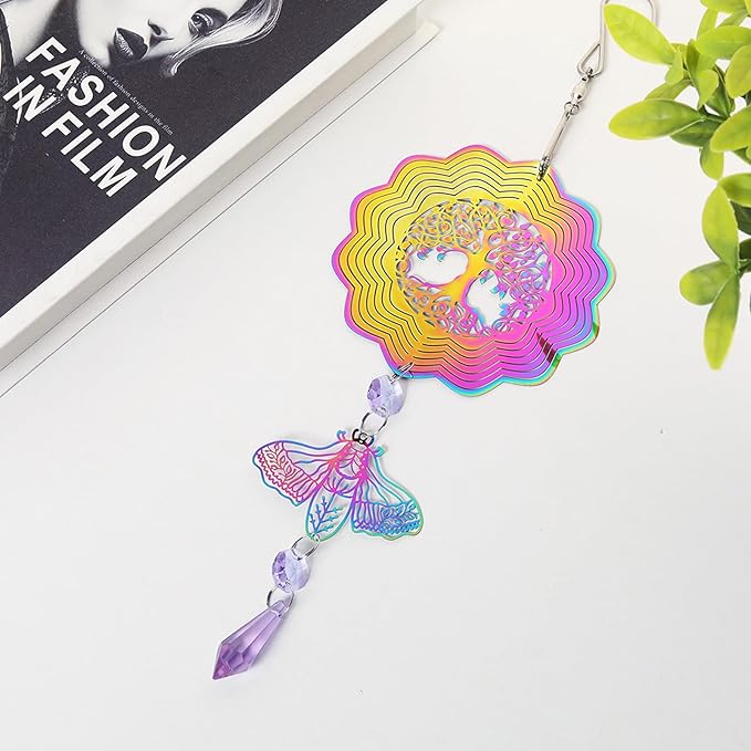 Tree of Life Wind Spinner Suncatcher Metal Colorful Wind Chimes for Outside Durable 3D Stainless Steel Wind Sculpture Hanging Art Ornaments for Garden Yard Balcony Decor