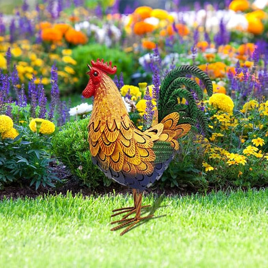 Metal Rooster Yard Decor,16 in Outdoor Chicken Statue Decoration for Patio Lawn Garden,3D Rooster Garden Statues,Chicken Yard Art Sculpture Outdoor Figurines,Metal Chicken Decor,1 Pcs (Gold)