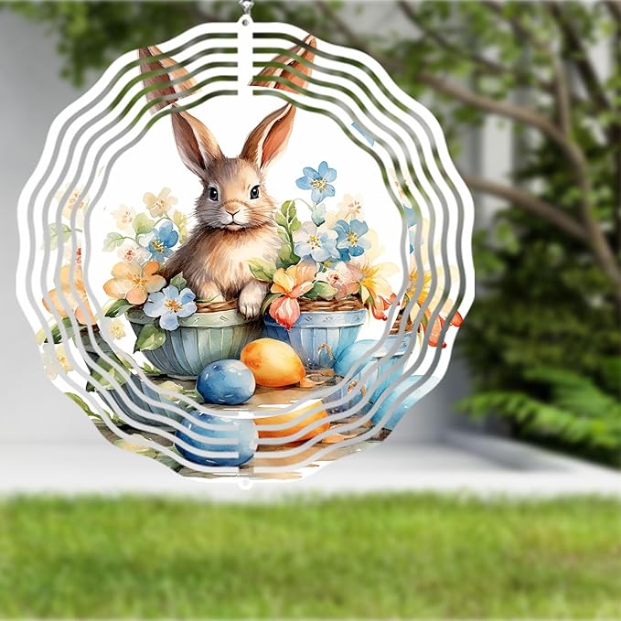 Easter Bunny Wind Spinner Easter Day Gifts 3D Metal Kinetic Hanging Wind Sculpture Spinners for Yard and Garden Indoor Outdoor Window Easter Rabbit Yard Art Garden Decoration 8 Inch (Bunny 3)