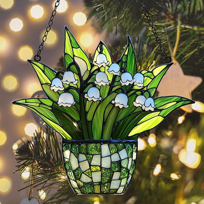 Lily of The Valley Acrylic Suncatcher Stained Glass Effect Window Car Hanging Christmas Ornament Indoor Outdoor Decor Garden Sun Catcher Panel for Floral Lover for Women Mom Grandma