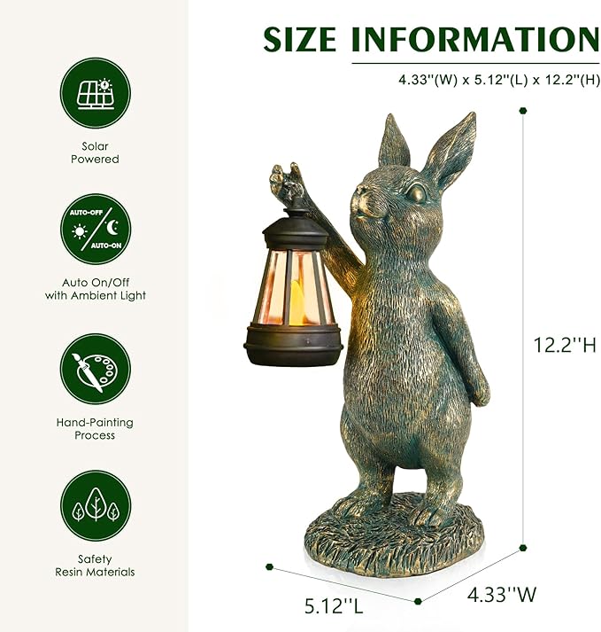 Rabbit Garden Statues with Solar Lantern Bunny Outdoor Resin Sculpture for Patio Yard Lawn Decorations Gifts for Mother’s Day Housewarming Easter