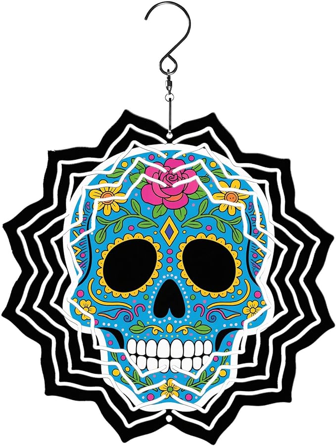 8 Inch Sublimation Wind Spinner, 3D Aluminum Metal Wind Spinner with Hook, Indoor Yard Garden Hanging Decoration, Weather Resistant Rotating Spiral Ornament, Colorful Sugar Skull