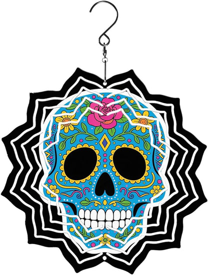 8 Inch Sublimation Wind Spinner, 3D Aluminum Metal Wind Spinner with Hook, Indoor Yard Garden Hanging Decoration, Weather Resistant Rotating Spiral Ornament, Colorful Sugar Skull