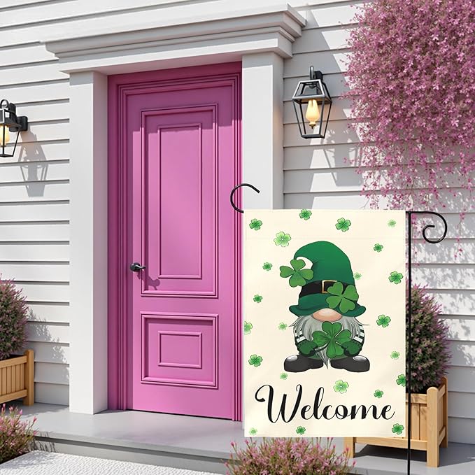 St Patrick’s Day Garden Flag 12x18 Inch Welcome Gnome with Shamrocks Double Sided Outdoor Yard Flags Irish Clover Decorations for Spring Porch Patio Lawn Farmhouse Seasonal Holiday Décor