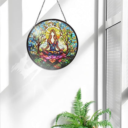 Bimkole Relaxing Woman Stained Glass Suncatcher Window Hanging - Yoga Design for Indoor Window or Doorway Decoration - 7.87x7.87 inch with Chain and Hook - Unique Home Decor Gift