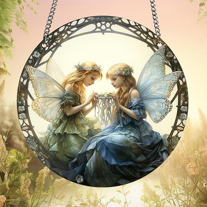1PC Flower Fairy Acrylic Stained Glass Suncatcher Nature Round Flowers and Girls Suncatcher Hanging Decoration with Metal Chain-SunCatchers for Window Decor Outdoor Garden Decor Gift (A)