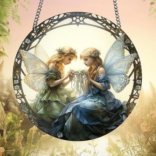 1PC Flower Fairy Acrylic Stained Glass Suncatcher Nature Round Flowers and Girls Suncatcher Hanging Decoration with Metal Chain-SunCatchers for Window Decor Outdoor Garden Decor Gift (A)