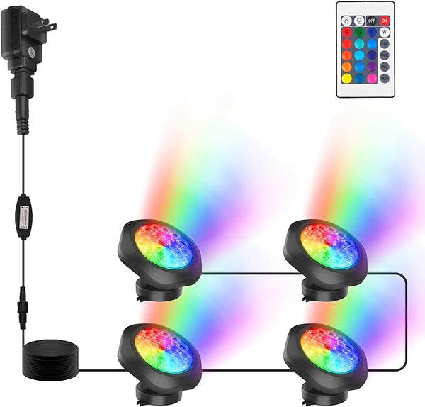 RGB Pond Lights,18 LED Underwater Submersible Fountain Light, Remote Control IP68 Waterproof Color Changing Spotlights Lighting for Fish Aquarium Tank Garden Yard Pool(Set of 4)