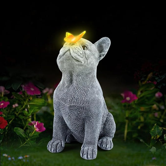 Dog Statue with Solar Butterfly, Cute French Bulldog Garden Statue Outdoor Decor for Outside Yard Lawn Patio Porch, Resin Garden Art Home Decorations Figurine, Dog Lovers Gifts for Women Mom