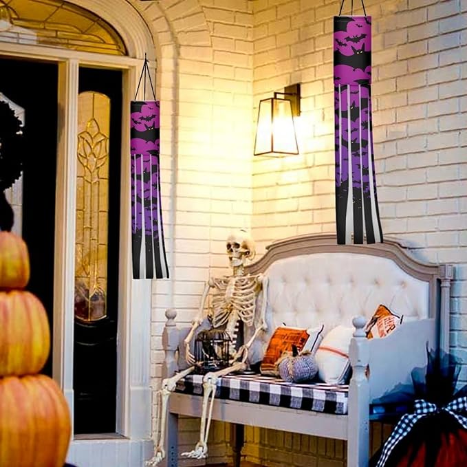 Halloween Purple Black Bat Windsock 2 Pieces Front Yard Patio Lawn Garden Party Decor Halloween Spooky Horror Decoration Machine Washable