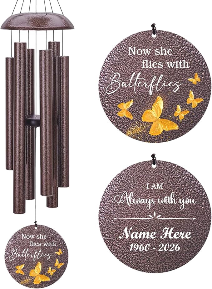 Personalized Wind Chimes, 36inch/45inch Custom Name Keepsake, Gifts for Loss of Loved One, Memorial Wind Chimes in Loving Memory of Dad/Mom, Butterfly Fly to Heaven (Produced in USA)