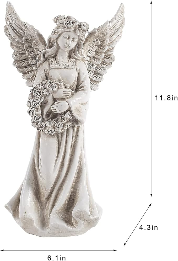 Angel Garden Statue Holding a Floral Wreath, Memorial Figurine for Patio, Lawn, Yard, Sympathy Gift Cemetery Grave, Ployresin 11.8 inch