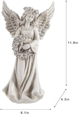 Angel Garden Statue Holding a Floral Wreath, Memorial Figurine for Patio, Lawn, Yard, Sympathy Gift Cemetery Grave, Ployresin 11.8 inch