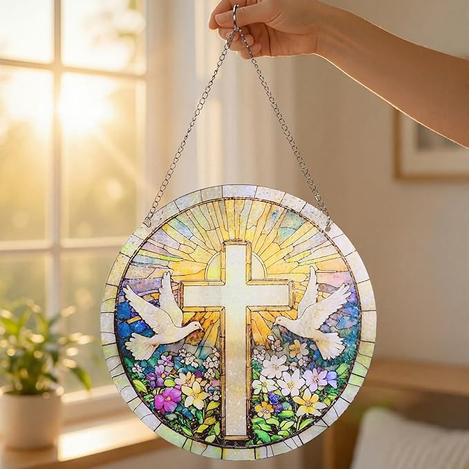 Shihanee 4 Pcs Christian Cross Suncatcher for Window Hanging with Blessing Card Gift Box Hook Acrylic Cross Pigeon Sun Catcher Religious Faith Gifts for Home Window Garden Memorial Decor