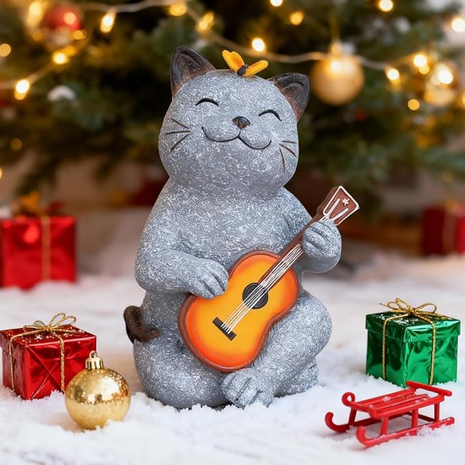 Cat Garden Statue Outdoor Decor, Cat Sculpture with Guitar and Butterfly for Yard Lawn Patio Balcony, Christmas Birthday Housewarming Gifts for Mom, Grandma, Women, 8.8 inch, Resin