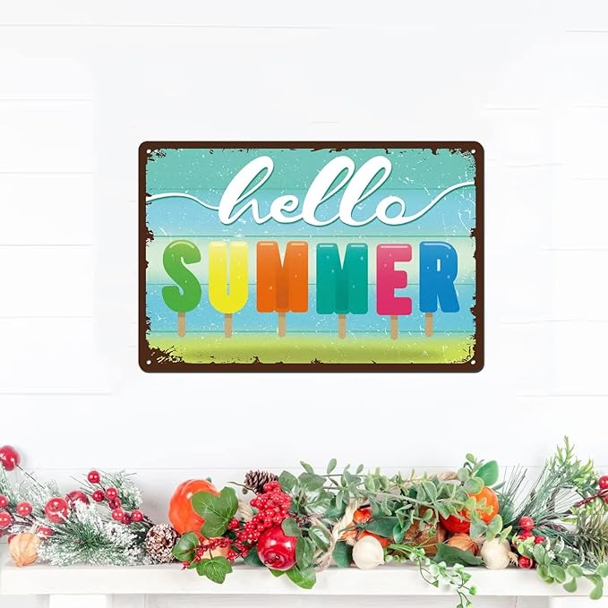 Hello Summer Door Sign Farmhouse Summer Decor Vintage Metal Sign for Home Wall Front Door Decorations 8x12 Inches