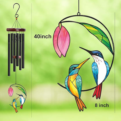Personalized Metal Wind Chime Garden Sign, 40 Inch Outdoor Colorful Bird & Flower Memorial Decor, Yard Hanging Plaque for Patio Porch Lawn (JSTY363)