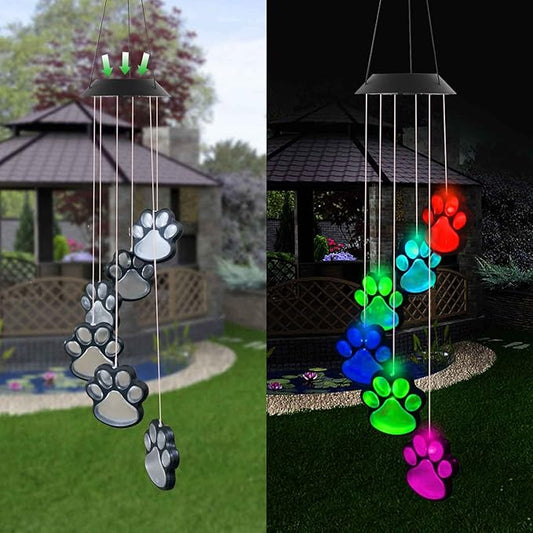 Paw Print Solar Wind Chimes, Color Changing Outdoor Paw Print Solar Lights, Dog Cat Paw Prints Wind Chimes Hanging Patio Lights for Garden Decor,Best Gifts for Dog & Cat Pets Lovers