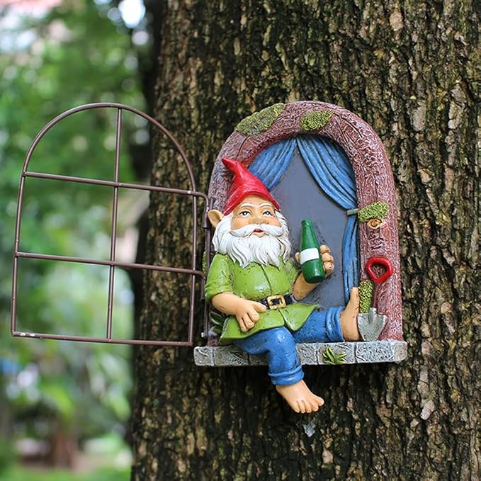 Outdoor Statues Elf Out The Door Tree Hugger, Garden Yard Decorations Tree Sculpture, Garden Gnome Statues, Garden Peeker Yard Art Ornaments, Patio Lawn Porch Decoration Figurines