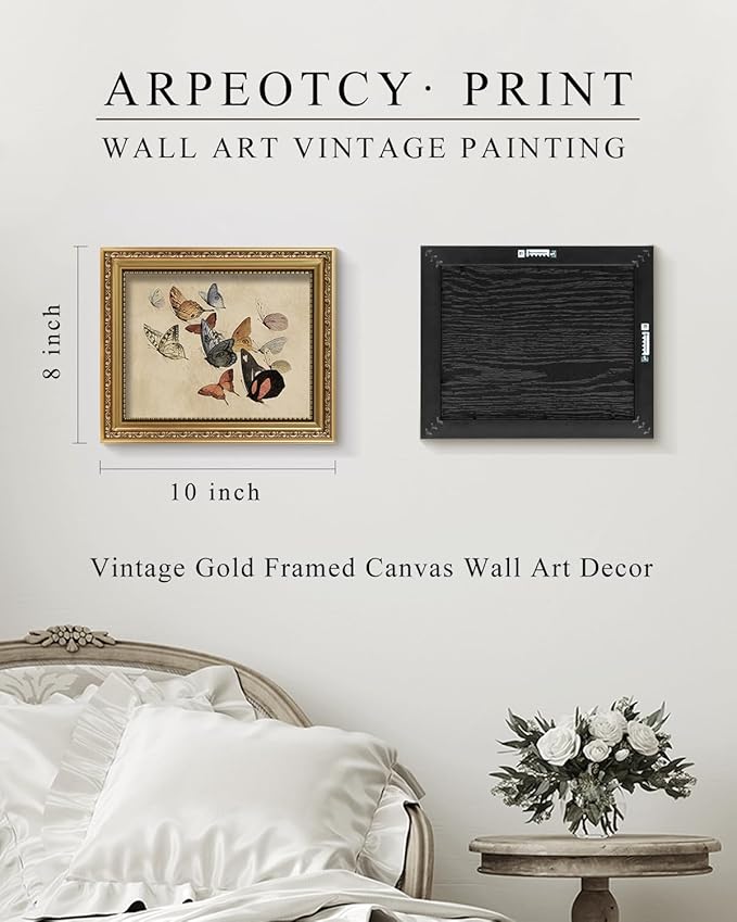 ARPEOTCY Vintage Gold Framed Wall Art, Classical Flying Butterflies Paintings, 8x10 inch Small Aesthetic Canvas Prints Artwork with Frame, Victorian Wall Decor for Living Room Bathroom Bedroom Shelf