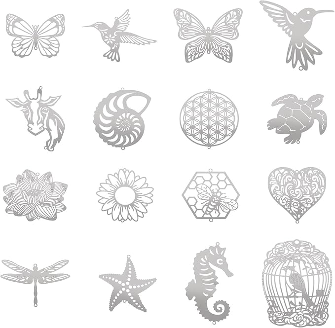 16Pcs Metal Replacement Wind Catcher, Beadthoven Wind Chime Parts Stainless Steel Bird Butterfly Sea Turtle Cow Bee Animal Shaped Flat Metal Embellishments for Wind Bells Memorial Sympathy Wind Chimes