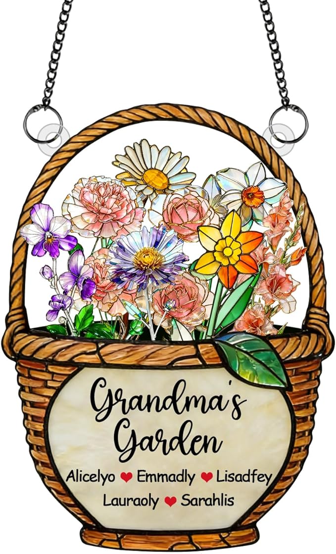 Personalized Grandmas Garden Stained Glass Acrylic Suncatchers, Custom Name Birth Month Flowers Window Hanging Ornament, Mothers Day Christmas Birthday Gifts for Grandma Mom Nana Mimi (Style 06)