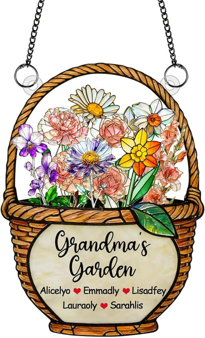 Personalized Grandmas Garden Stained Glass Acrylic Suncatchers, Custom Name Birth Month Flowers Window Hanging Ornament, Mothers Day Christmas Birthday Gifts for Grandma Mom Nana Mimi (Style 06)