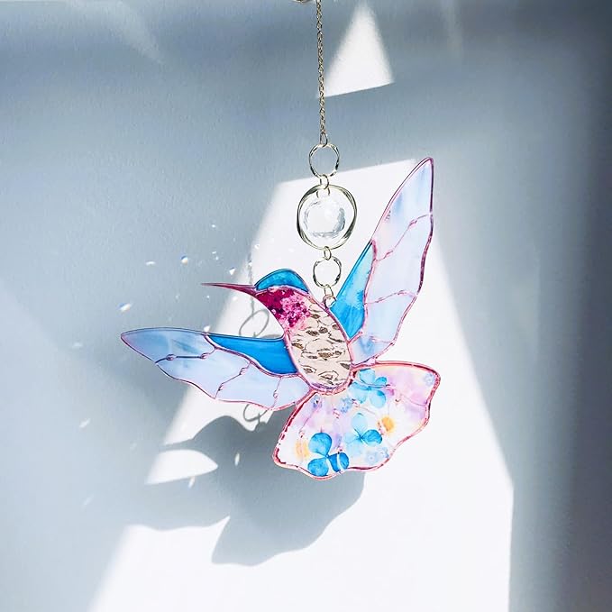 Blue Acrylic Hummingbird Flowers Garden Suncatcher Window Hanging Crystal Prism Rainbow Maker Sun Catcher Ornaments Birthday Christmas Thanksgiving Gifts for Mom Grandma Sister Bird Lovers