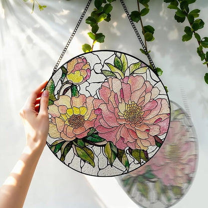 Stained Glass Window Hanging, 8 Inch Peony Suncatcher, Floral Sun Catchers Indoor Window, Pink Flower Suncatchers for Windows Spring Home Garden Decor Panel, Mothers Day Birthday Gifts for Mom Grandma