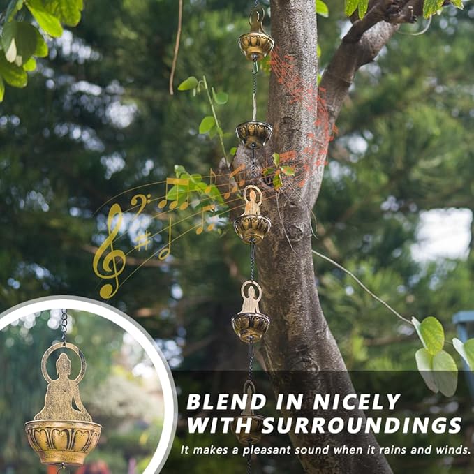 10.5ft Rain Chain for Outside, Rain Chain with 10 Buddha Cups, Adjustable Rain Catcher Chain for Outside, Replacement Downspout for Gutters, Eaves, Drainage