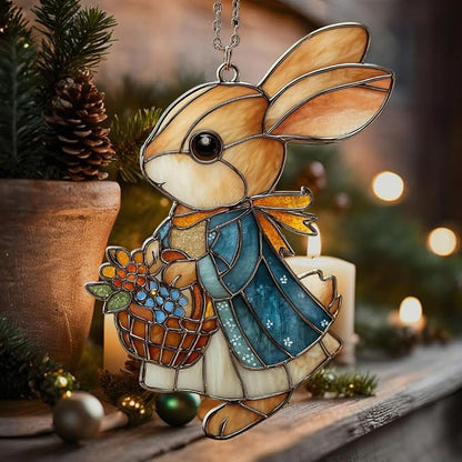 Whimsical Rabbit Floral Mosaic Decor Acrylic Suncatcher Stained Glass Effect Window Car Hanging Christmas Ornament Indoor Outdoor Decor Garden Sun Catcher Panel for Easter Lover for Women Mom Grandma