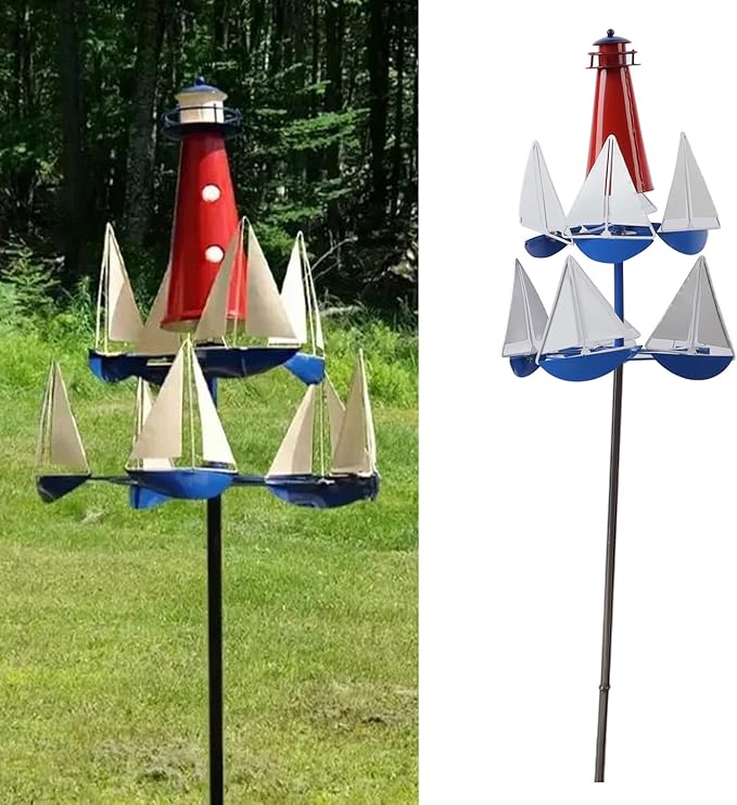 Fdit Sailboat Windmill, Metal Garden Wind Sculpture, Red White Blue, Lighthouse Art Design, for Lawn Patio Decoration