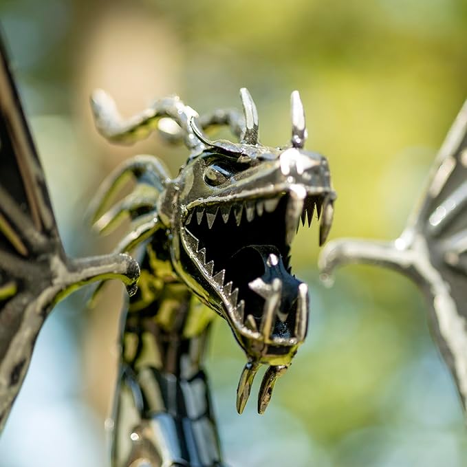 Zaer Ltd. Metal Dragon Rocking Garden Stake, Kinetic Wind Decor, Metallic Black Finish, Moving Wings (Tail Up Sunfyre)