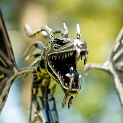 Zaer Ltd. Metal Dragon Rocking Garden Stake, Kinetic Wind Decor, Metallic Black Finish, Moving Wings (Tail Up Sunfyre)