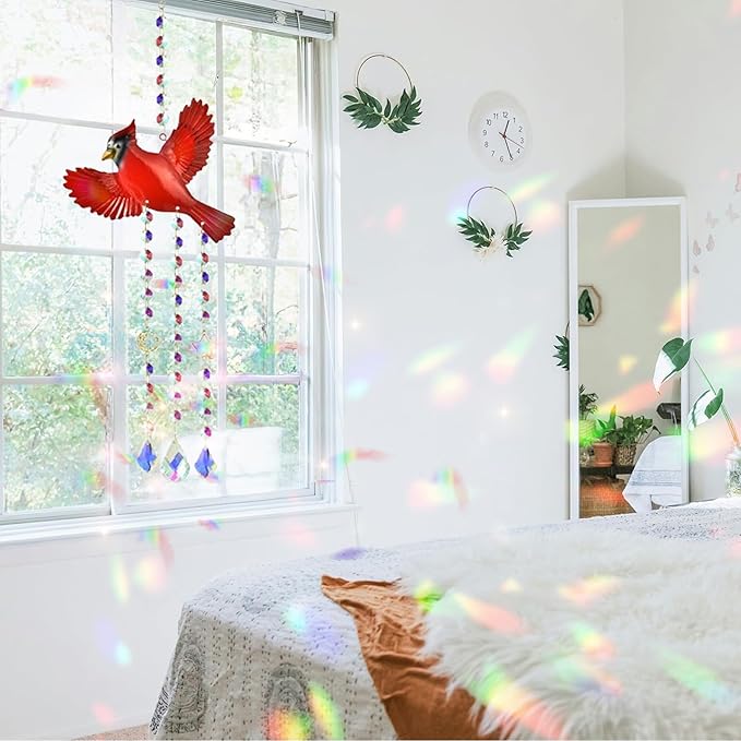 Red Cardinaluncatcher-Cardinal Gifts for Women, Window Hanging Ornament with Rainbow Prism, Memorial Gift for Women, Handmade Bird Decor for Home Garden, Christmas Valentine Gift for mom(Red B)