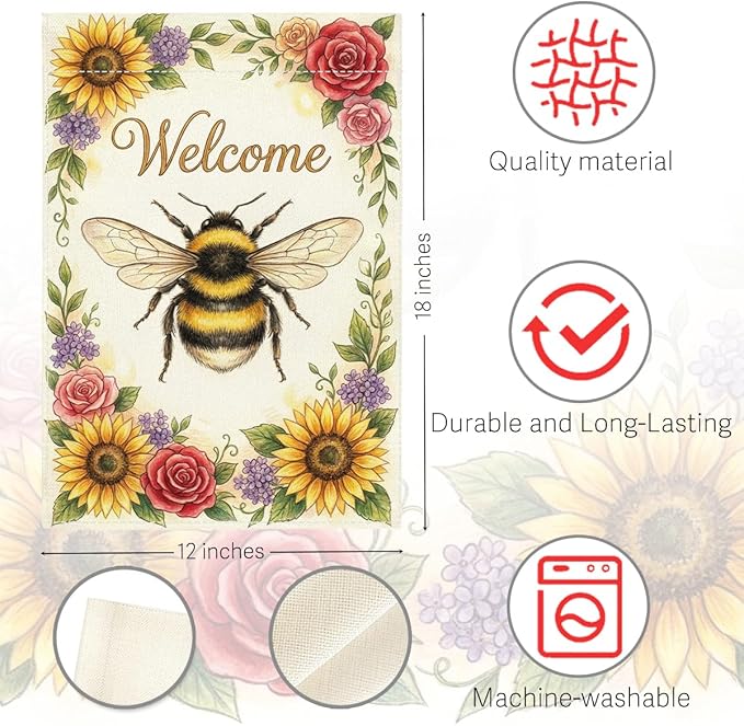 Welocome Spring Summer Bee Garden Flag Sun Flowers Floral Spring Garden Flag Decor Summer Double Sided House Flag for Outside Yard Decorations 12×18 Inch