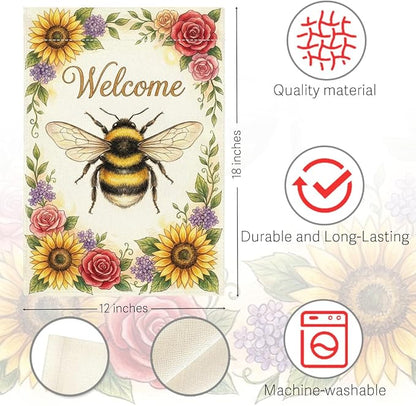 Welocome Spring Summer Bee Garden Flag Sun Flowers Floral Spring Garden Flag Decor Summer Double Sided House Flag for Outside Yard Decorations 12×18 Inch