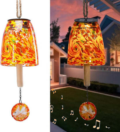 DREAM GARDEN Solar Wind Chimes for Outside, Glass Wind Chime Outdoor Colorful Windchimes with Solid Wood Striker Melody Wind Bell Unique Gifts for Mom Women Grandma, Orange