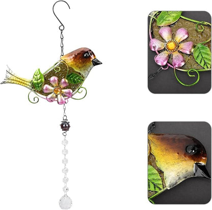 Wrought Iron Crystal Garden Hanging Ornament with Yellow Bird Pendant for Patio and Window Sun Outdoor Décor
