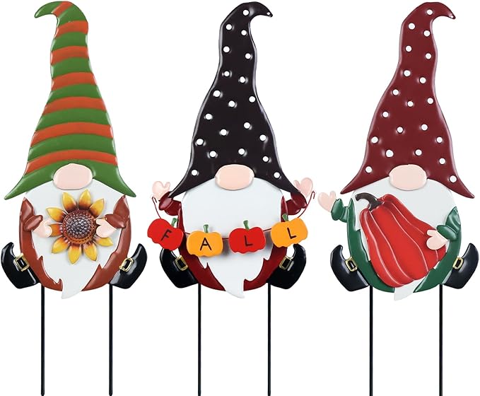 YEAHOME Fall Decorations for Home Outdoor, 3 Pack Gnomes Decorative Garden Stakes for Fall Decor, Autumn Metal Yard Signs for Outside Garden Lawn Porch Thanksgiving Decorations