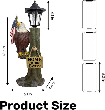 14x6 Inch Eagle Outdoor Solar Statue, Resin Garden Decor Outdoor Waterproof, Eagle Statue with American Flag for Patios, Yards, Home of The Brave Yard Lawn Gift for Mom Dad Grandpa