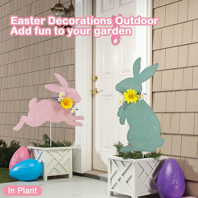 Easter Decorations Outdoor,3 Pack Metal Bunny Yard Sign Stakes for Outside,Pastel Rabbit Silhouettes Garden Decor for Lawn,Happy Easter Women Gifts