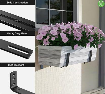 HFHOME 6 PCS Adjustable Planter Box Brackets (6 to 12.5 in), Universal Window Box Brackets, Heavy Duty Metal Flower Box Wall Mounting Hooks for Balcony, Fences, Patio, and Garden - Black