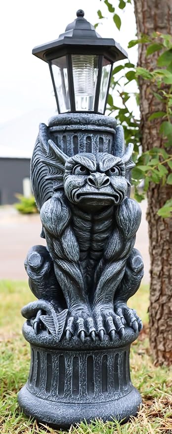 Ebros Faux Stone Gothic Crouching Winged Gargoyle Statue with Solar LED Lantern Light Post 20" Tall Decor Figurine